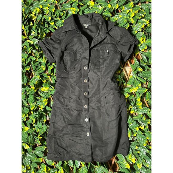 Vintage Guess Minimalist Black Button Up Military Style Mini Dress Sz Small - Picture 1 of 9